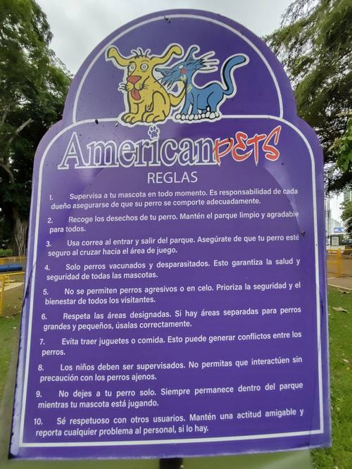 Règlement du dog park — affiché bilingue ES/EN